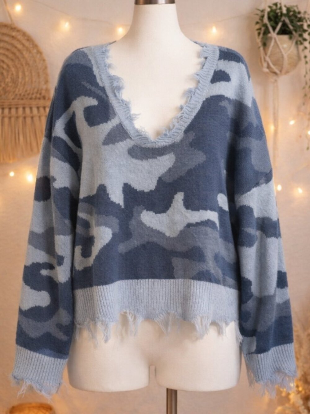 Polly & Esther Slouchy Blue Camo Knit Boxy Sweater L Indie Sleaze Streetwear